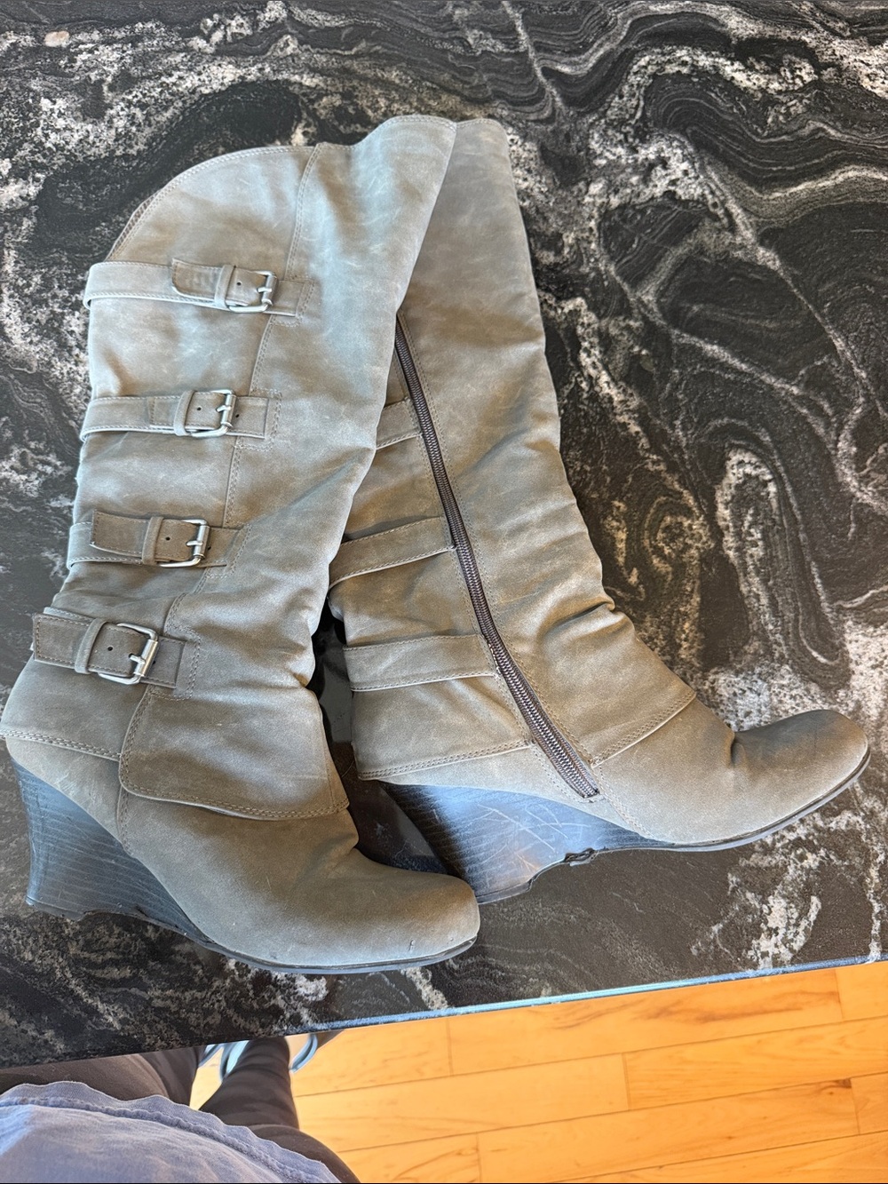 Kohl's Gray Suede Knee-High Wedge Boots with Buckles